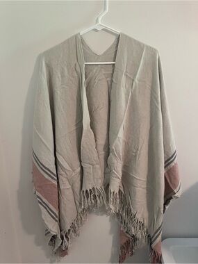 Light Gray & Blush Fringe Poncho Wrap